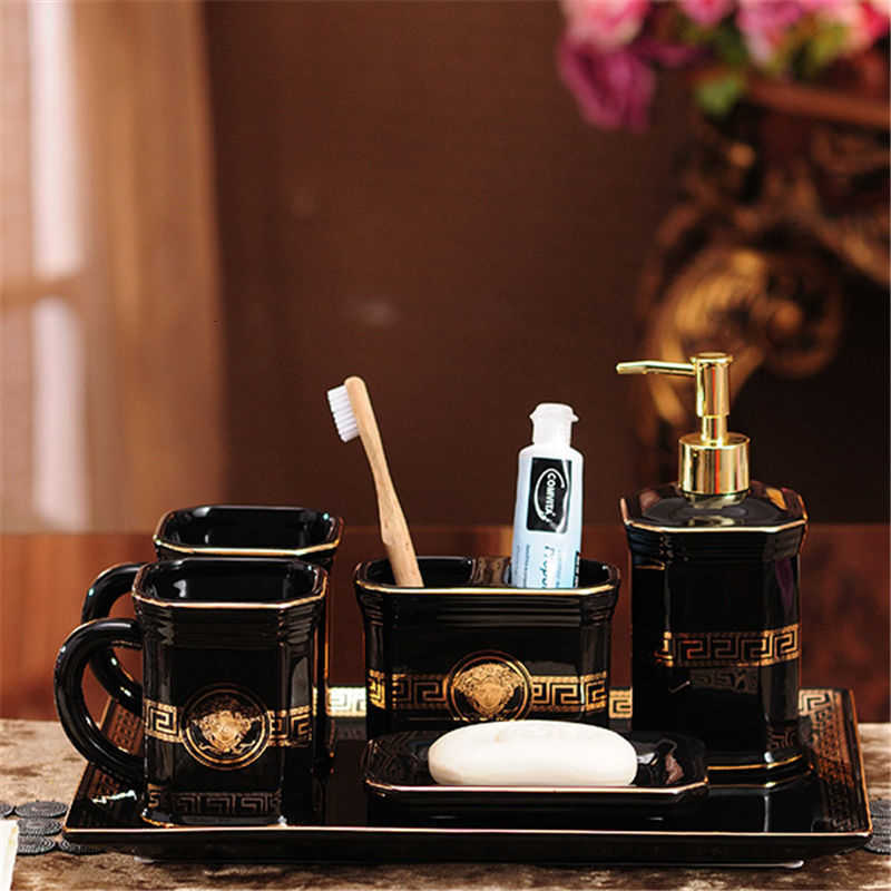 

Bathroom Accessories Set Ceramic Soap Dish Soap Dispenser Toothbrush Holder Gargle Cup European Style Bathroom Set Wedding gifts SH190919