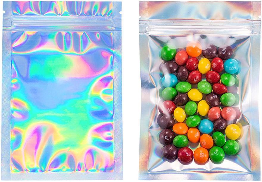 

100 pcs Resealable Smell Proof Bags Foil Pouch Bag Flat laser colors Packaging for Party Favor Food Storage Holographic Color s