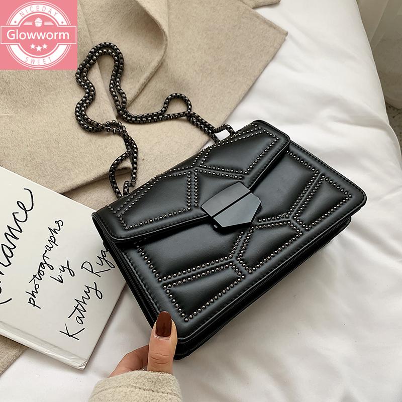 

2021 New Women's Bags Fashion Casual Shoulder Messenger Bag Studded Square Bag Ms. Mobile Phone Chain Women's Rivet, Black