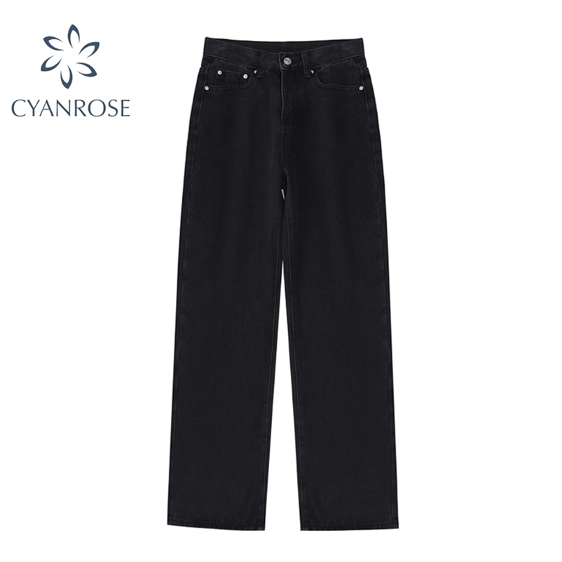 

Women High Waist Long Jeans Pants Pockets Zipper Female Denim Trousers Spring Vintage Simple Casual Loose Wide Leg 210629, Black