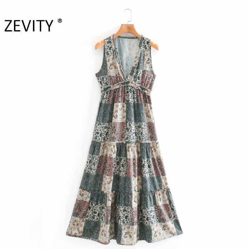

ZEVITY women vintage agaric lace v neck cloth patchwork print casual slim dress female sleeveles vestido chic dresses DS4503 210603, As pic ds4503ld