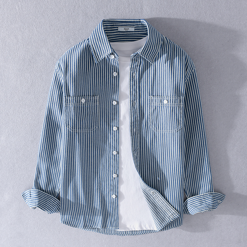 

2021 New 100% Cotton Long Sleeve Striped Casual Fashion Brand Shirts for Men Comfortable Shirt Mens Overhemd Camisa Uukz, Dark blue