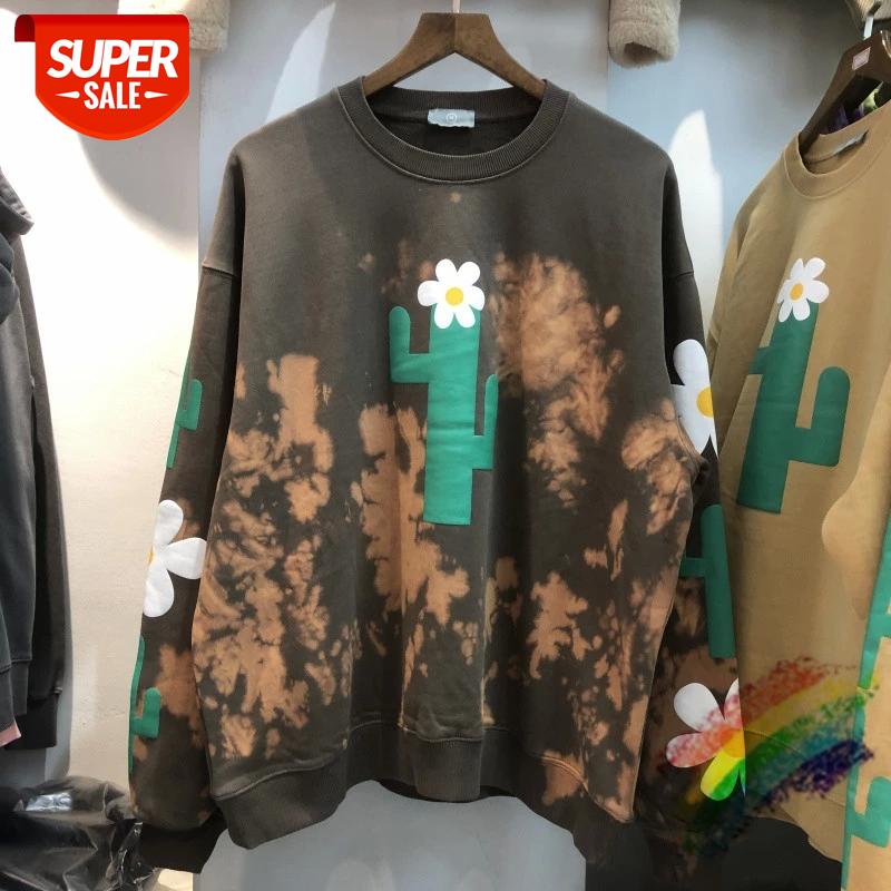 

Tie dye Foaming Printing Cactus Sweatshirts Men Women Old Wash Hoodies British Culture Crewneck #Ii7Z, Black
