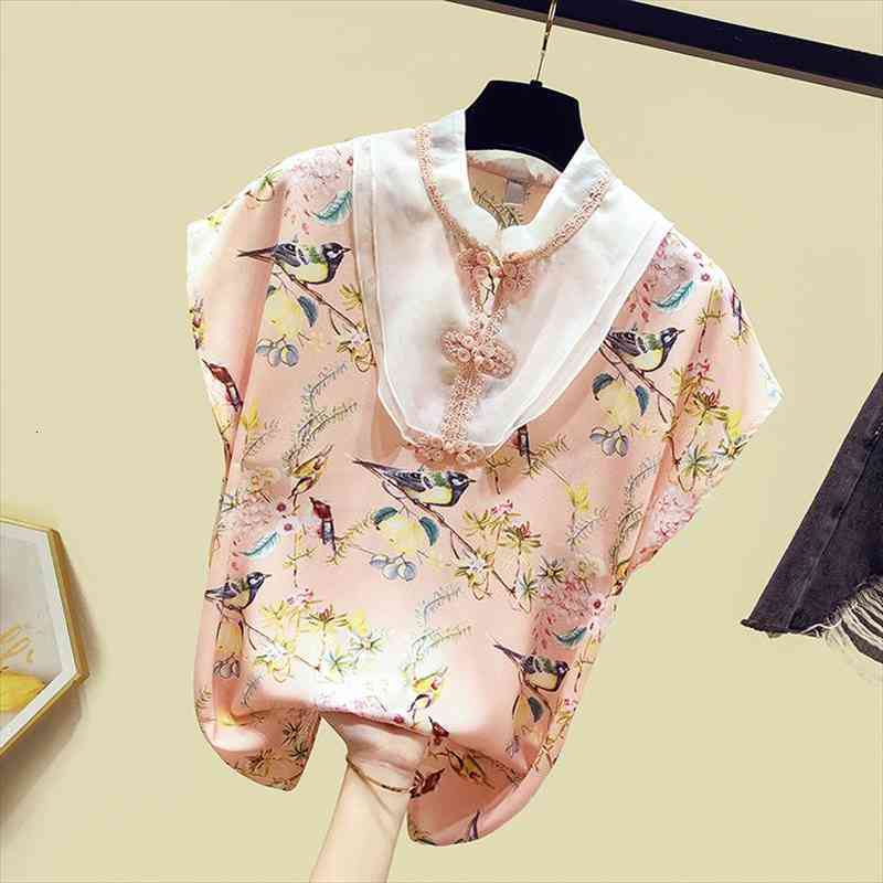 

chinese cheongsam button design shirts womens short sleeves floral chiffon shirt female blouse blusas a3436, White