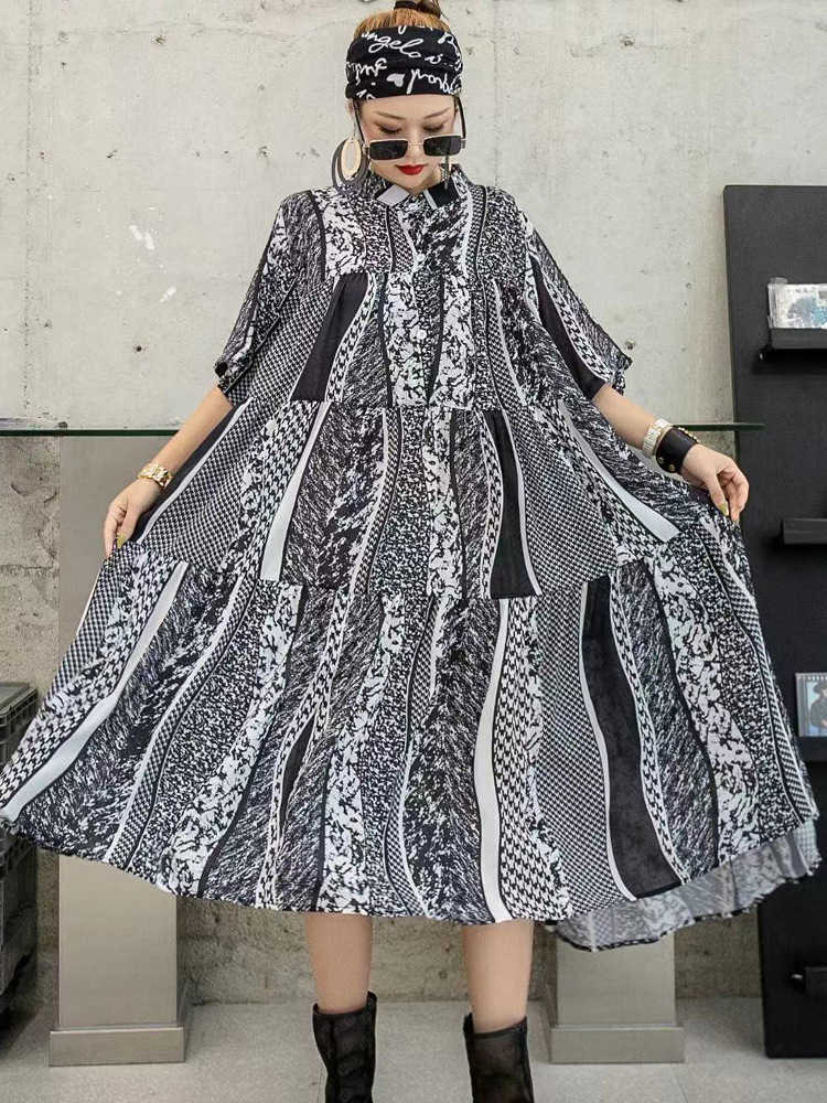 

VANOVICH European and American Style Women's Lapel Plaid Dress Summer Loose Retro Casual es for Women 210615, Black