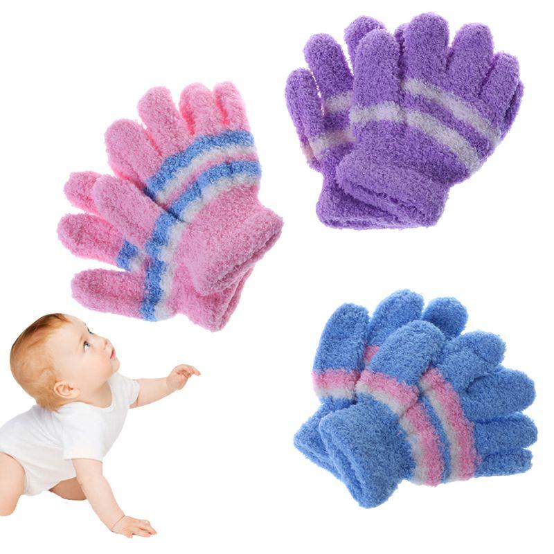 

Children's Mittens 1 Pair Baby Gloves Warm Winter Full Finger Thermal Coral Fleece Kids Boys Girls Colorful Stripe Soft Elastic Solid, White