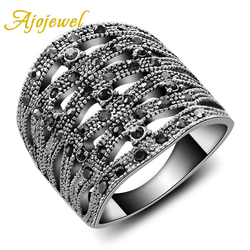 

Cluster Rings Ajojewel Big Luxuoius Pave Black CZ Retro Women Brand Geometric Ring Femininas Jewelry