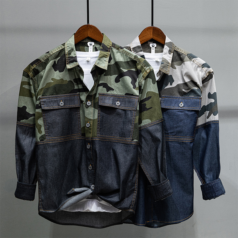 

2021 New Primavera e Outono De Manga Comprida Puro Algodo Camuflagem Denim Masculina Marca Moda Casual Camisas Para Homem Chemise Camisa Arf, Khaki