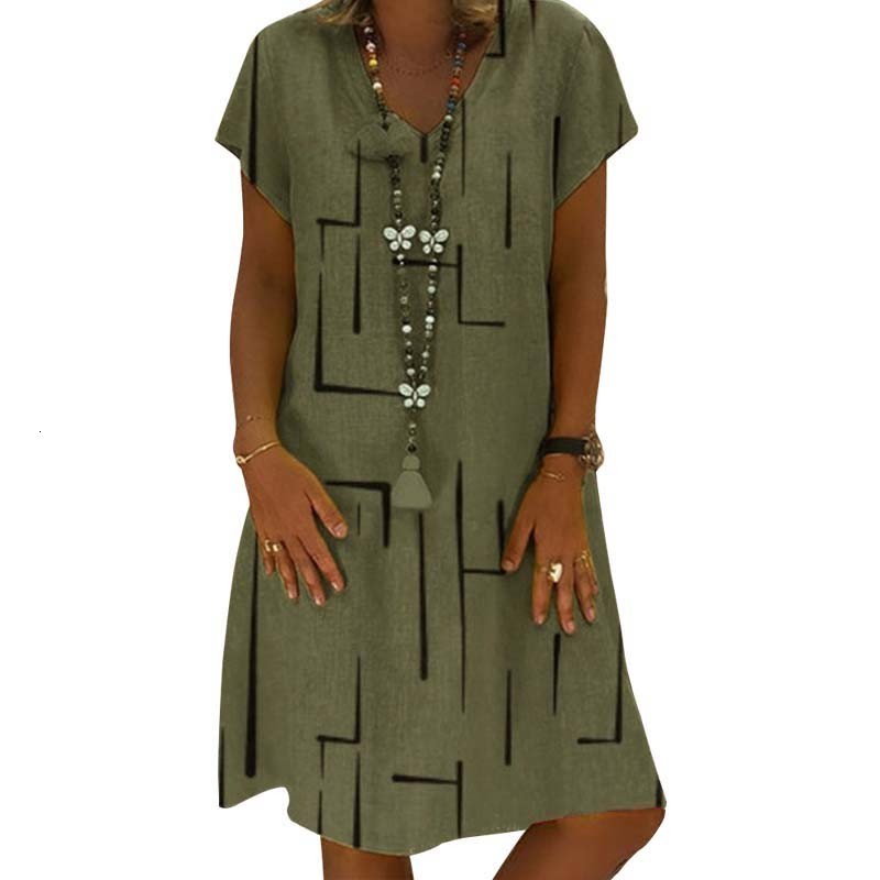 

New 2021 Summer Yellow Midi Women Print v Neck Short Sleeve Vintage Plus Size Es Female Casual Beach Boho J4mi, Khaki