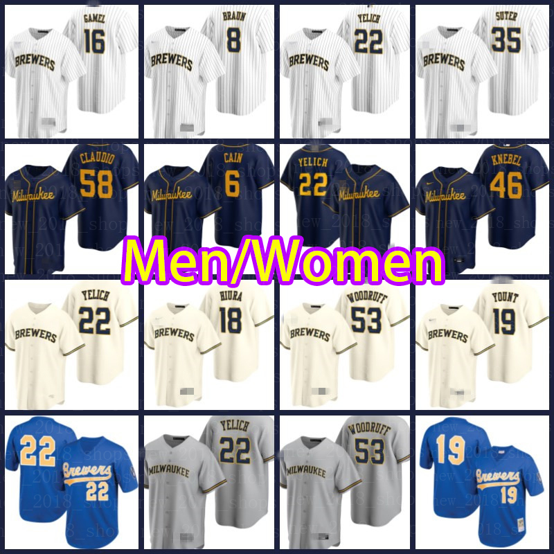 

Brewers Jerseys 22 Christian Yelich Milwaukee Baseball Brandon Woodruff Lorenzo Cain Robin Yount 16 Kolten Wong 53 Brandon Woodruff Women, Blue;black