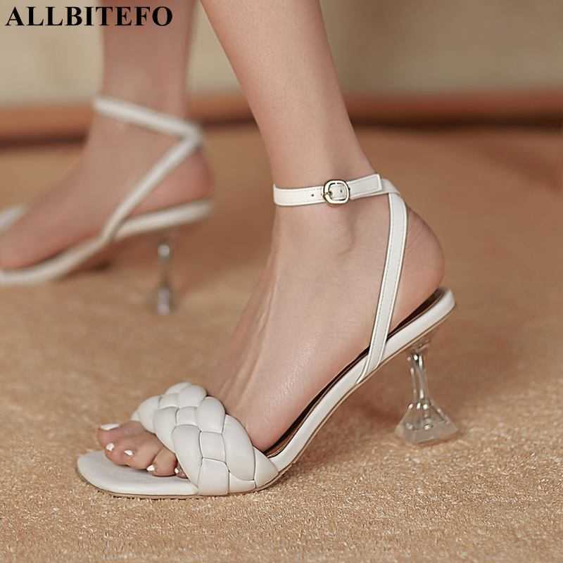 

ALLBITEFO Size 34-43 Transparent Heel Genuine Leather Sheepskin Insole Women Sandals High Heel Shoes Summer Women Heels Shoes 210611, As picture