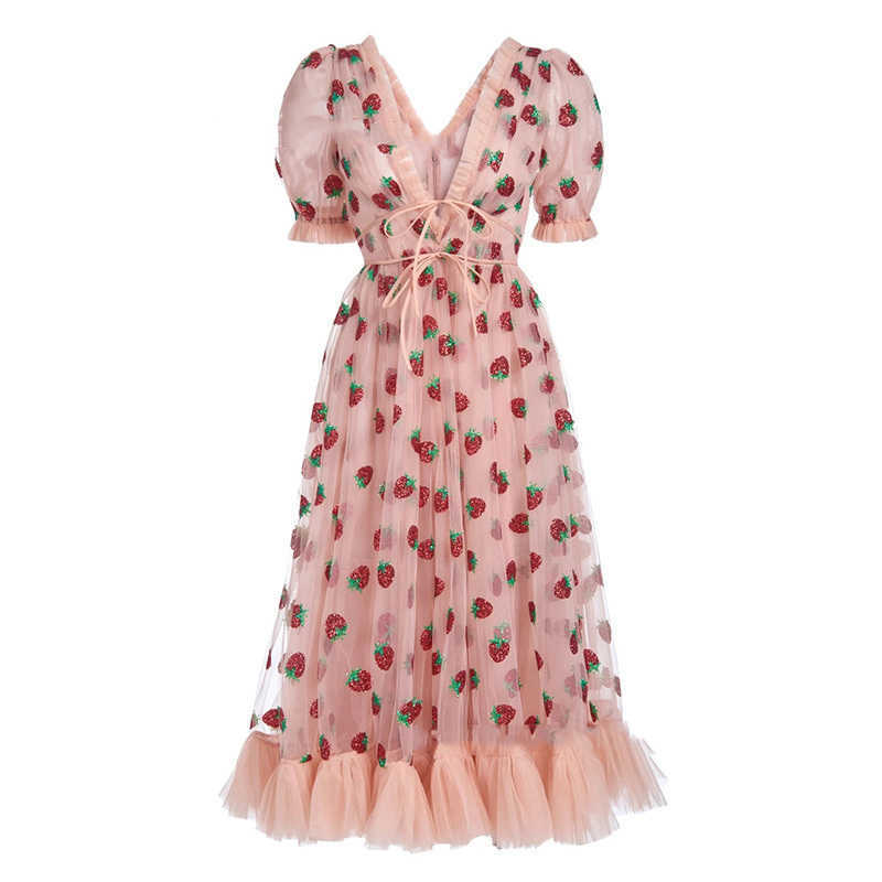 

ISAROSE 2021 Strawberry Dress Women Fashion Deep V Puff Sleeve Sweet Voile Mesh Sequins Embroidery French Party Dresses 4XL 5XL Y0603, Pink halter dress