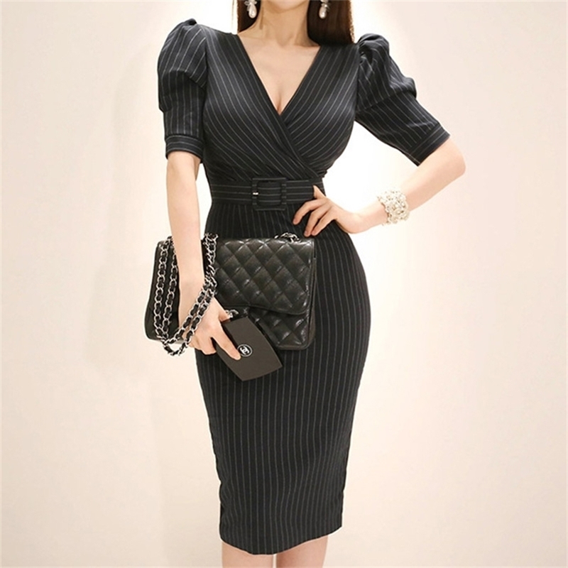 

Elegant Ladies Office Business Dress Striped Print Bodycon Pencil Summer V Neck Short Sleeve Belted Midi Work 210603, Black