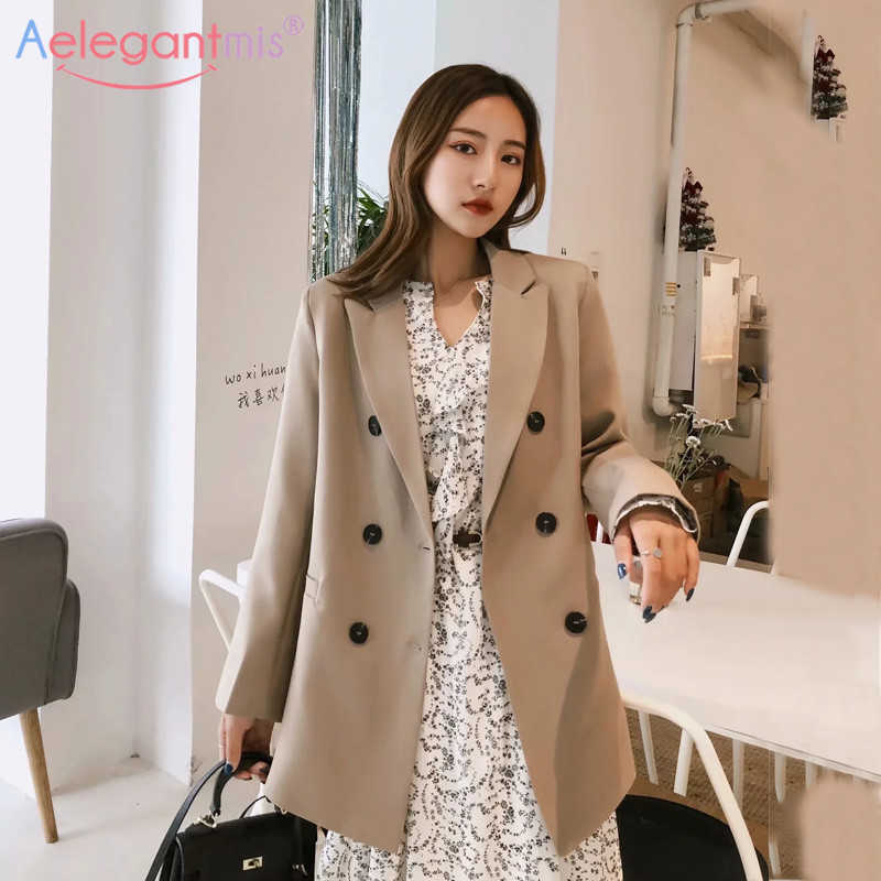 

Aelegantmis Double Breasted Women Casual Blazer Jackets Loose Long Blazers Office Lady Business Work Suit Ladies Slim Outerwear 210607, Khaki
