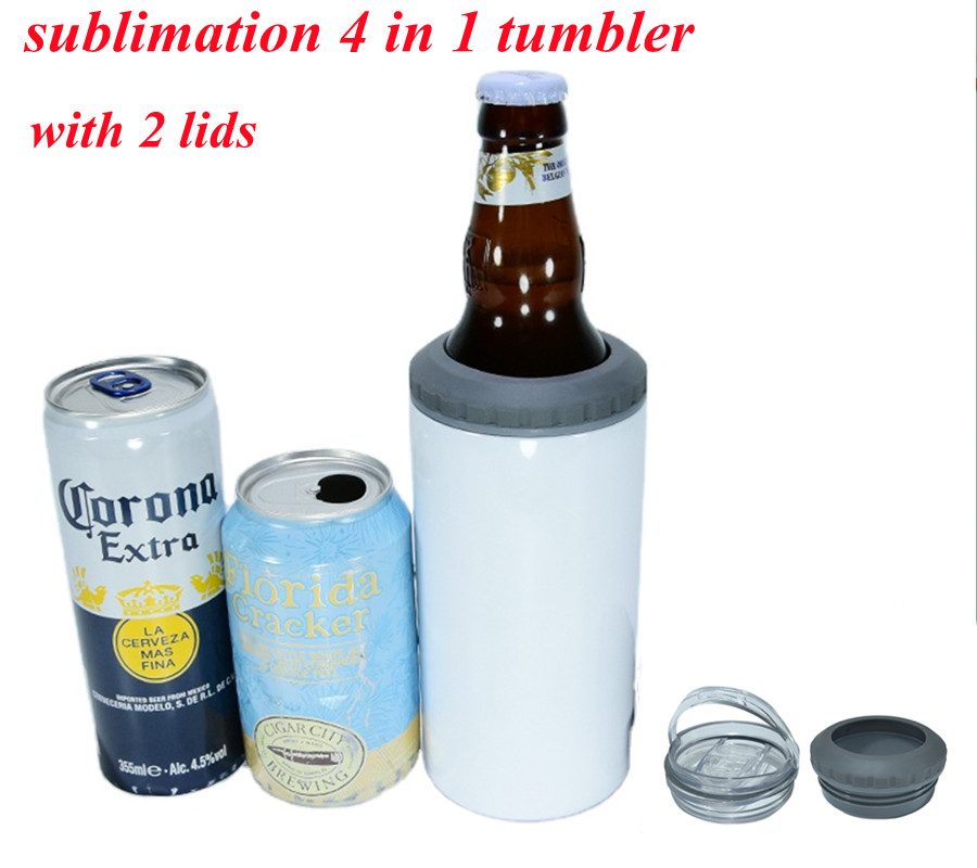 

sublimation 16oz 4 in 1 tumbler blank can cooler white Stainless Steel straight tumblers with 2 lids mug beer cooler