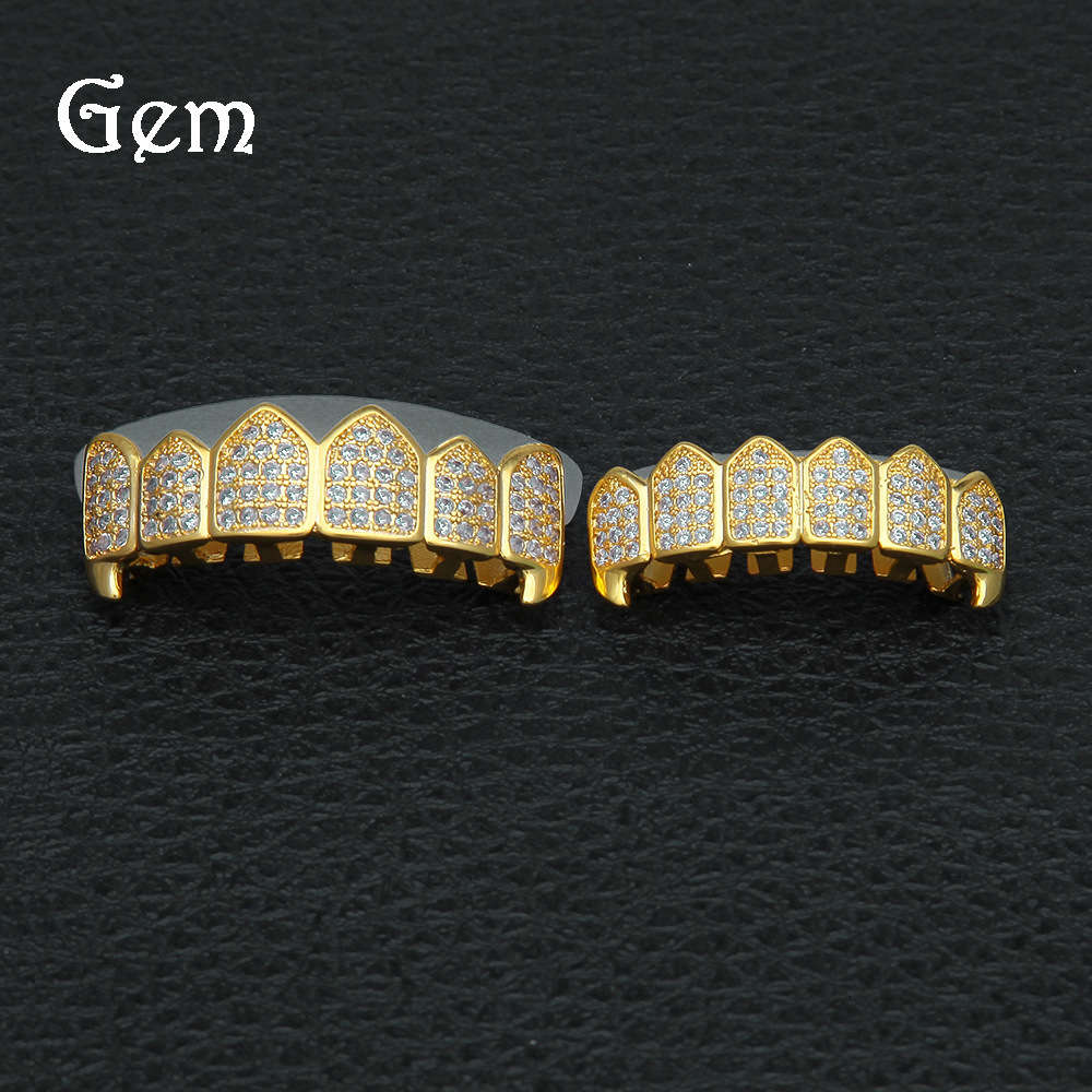 

Hip Hop Gold electroplated teeth set with zircon inlaid teeth