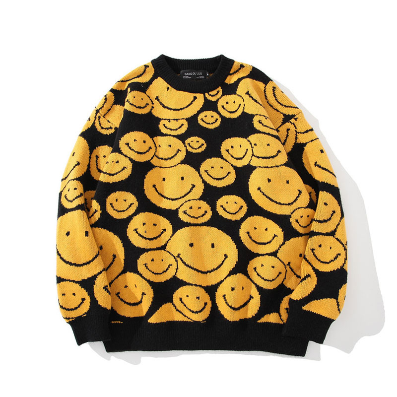 

mens oversize sweaters 2021 autumn winter smile cartoon clothing hip hop streetwear pullover harajuku sweater men, Black