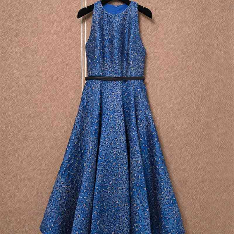 

Truevoker European High End Runway Party Dres Sleeveless Blue Leopard Print Belted Holiday Midi Long Mujer Festa Vestido 210602