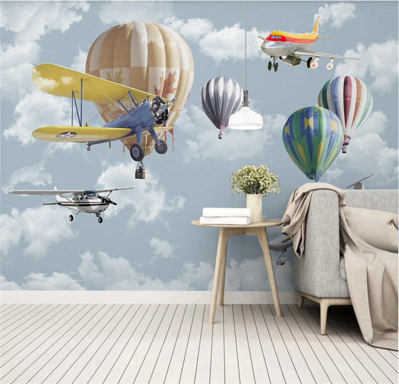 

Nordic minimalist hand-painted cartoon airplane balloon children's room background wall custom wallpaper mural 8D photo wall, Silk cloth