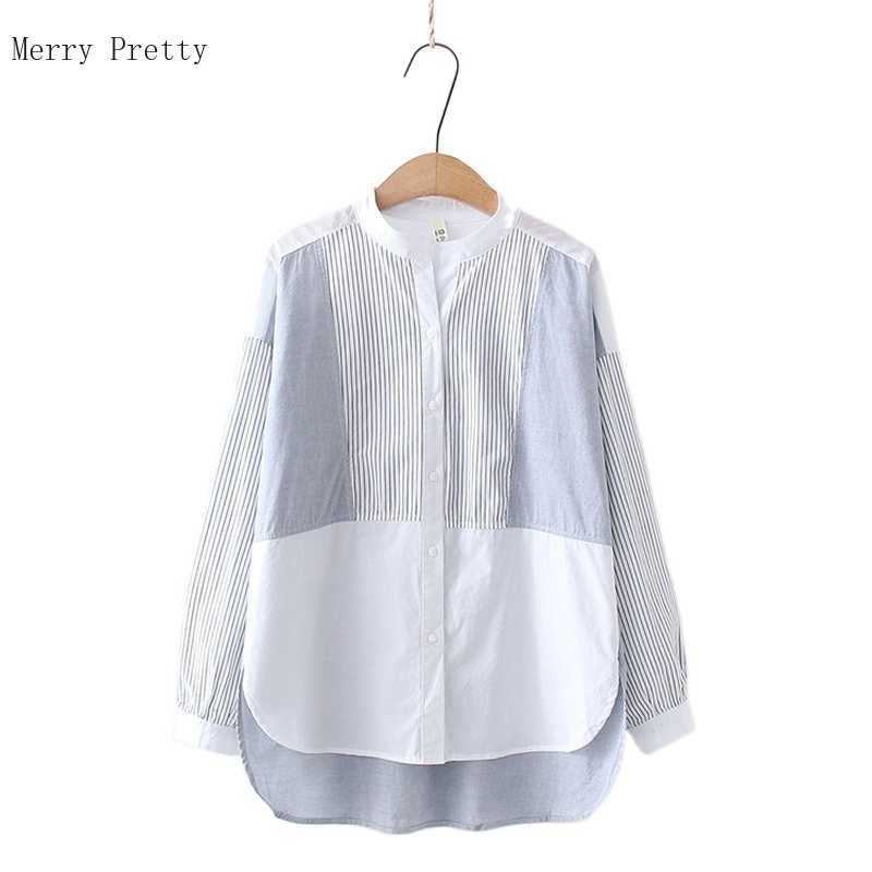 

Striped Patchwork Casual Cotton Blouse And Tops Women Summer Long Sleeve Stand Collar Korean Girly Vintage Shirts 210526, Blue
