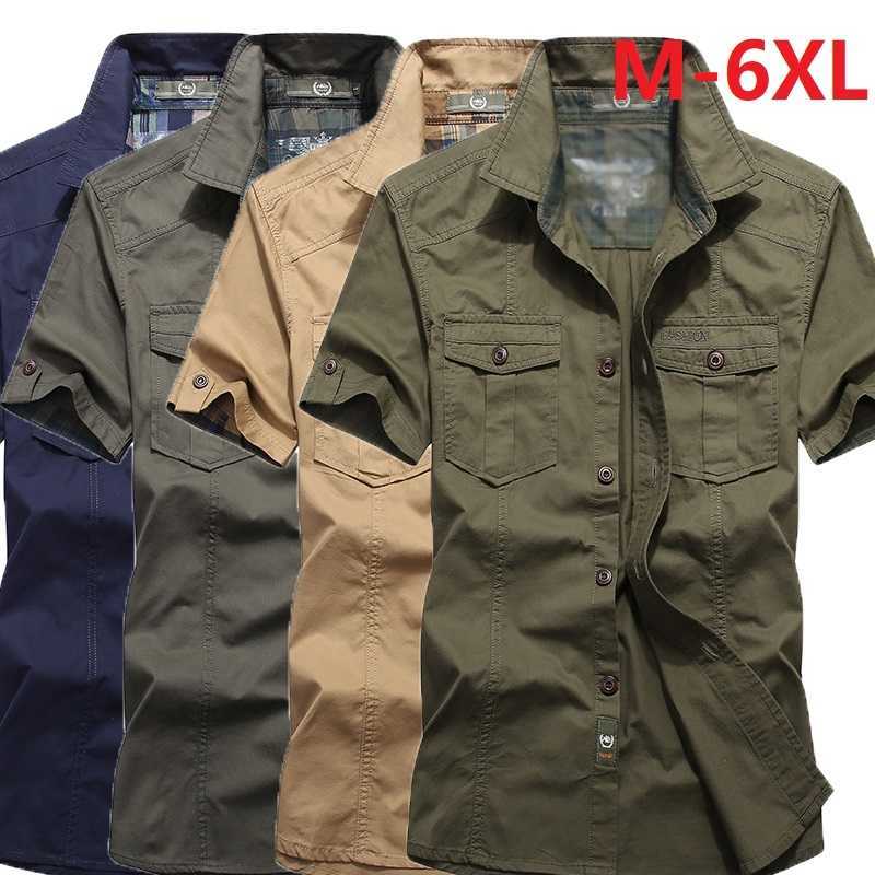 

M-6XL Big Plus Size Men's Summer Short Sleeve Cargo Shirts military Breathable Cool 100% Cotton camisa social masculina 210721, Army green