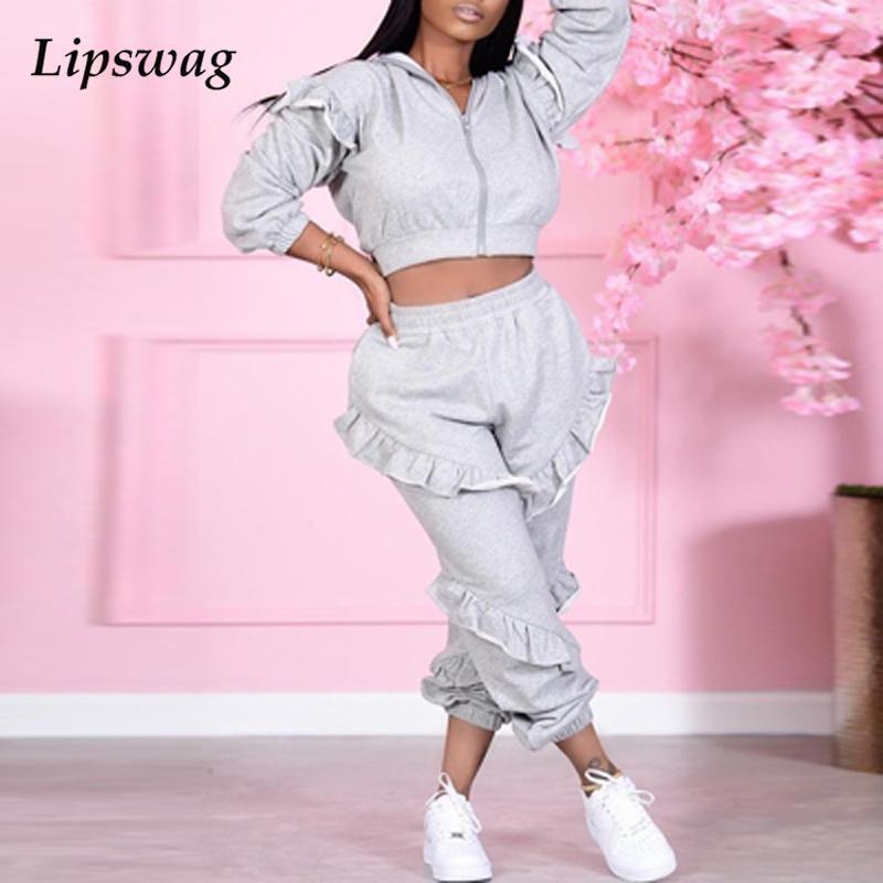 

Women's Two Piece Pants Tracksuits Women Zip-up Hooded Coat+High Waist Suits Autumn Loose Ruffle Sweatpants Set Casual Long Sleeve 2 Outfits, White