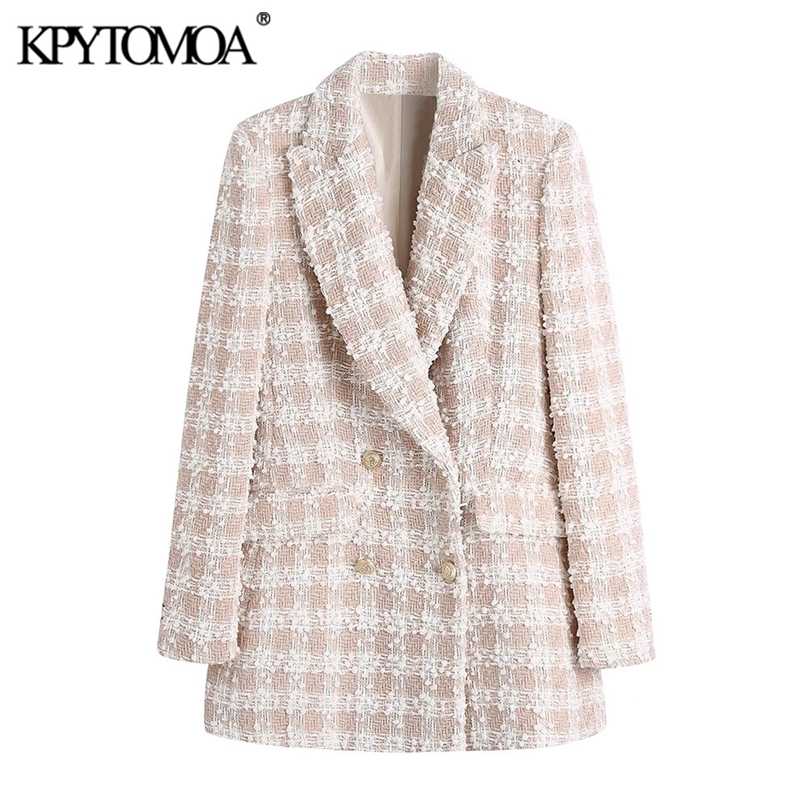 

KPYTOMOA Women Fashion Tweed Double Breasted Blazer Coat Vintage Long Sleeve Flap Pockets Female Outerwear Chic Veste Femme 211019, As picture