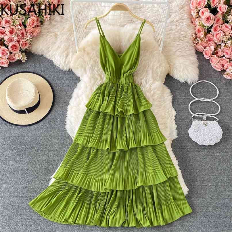 

Women Spaghetti Strap Pleated Dress Summer Sleeveless V-neck Dresses Layered-ruffle A-line Vestidos 6J312 210603, Blue