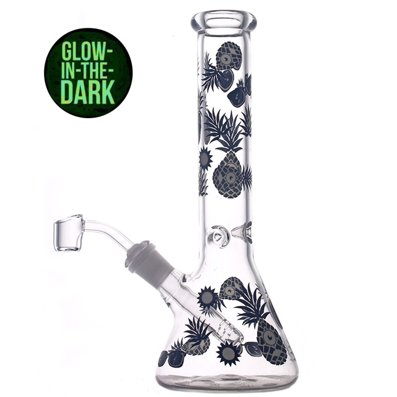 

Luminous Glass Beaker Bongs Glow In The Dark Water Bong hand smoking recycler Water Pipe 10.5inch Dab Rig with 45 degrees quartz banger nail