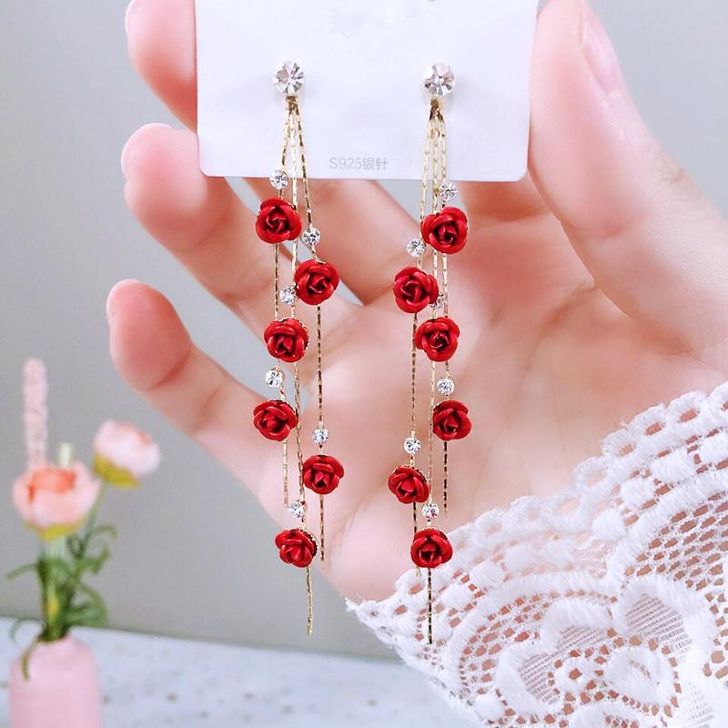 

Dangle & Chandelier VOQ Fashion Rose Petal Drop Earrings For Women Bijoux Red Purple Long Tassel Weddings Party Jewelry Accessories