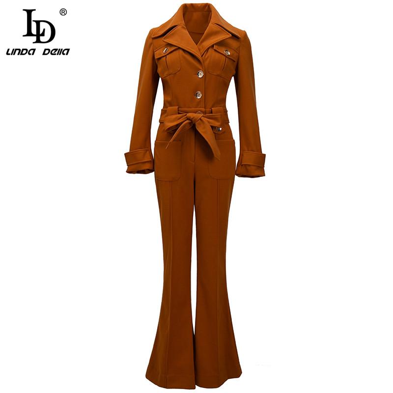 

LD LINDA DELLA 2021 Autumn Long Jumpsuit Women Turn-down Collar Casual Solid Buttons Belt Office Wear Lady Full Length Romper, Black;white