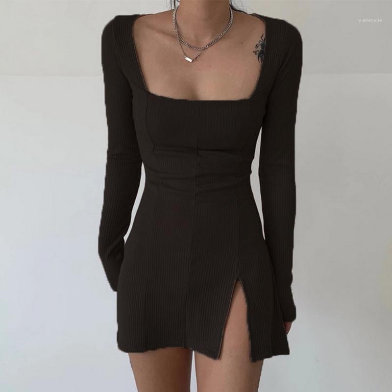 

Casual Dresses Women Winter Dress 2021 Arrivals Sexy Long Sleeve Square Collar Split Khaki Black Solid Party Vestidos, Sliver