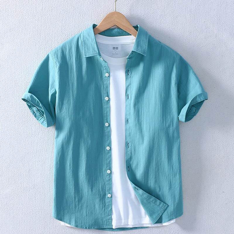 

Men's Casual Shirts High Quality Men Summer Thin Pure Cotton Short Sleeved Shirt Turn-down Collar Comfortable Solid Color AE712, Beige