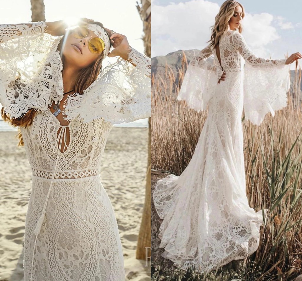 

Hippie Gypsy Beach Boho Mermaid Wedding Dress With Bell Sleeves Sexy V Neck Hollow Out Bridal Gowns Lace Destination Elopement Rustic Country Robes de Mariee AL9261, Brown
