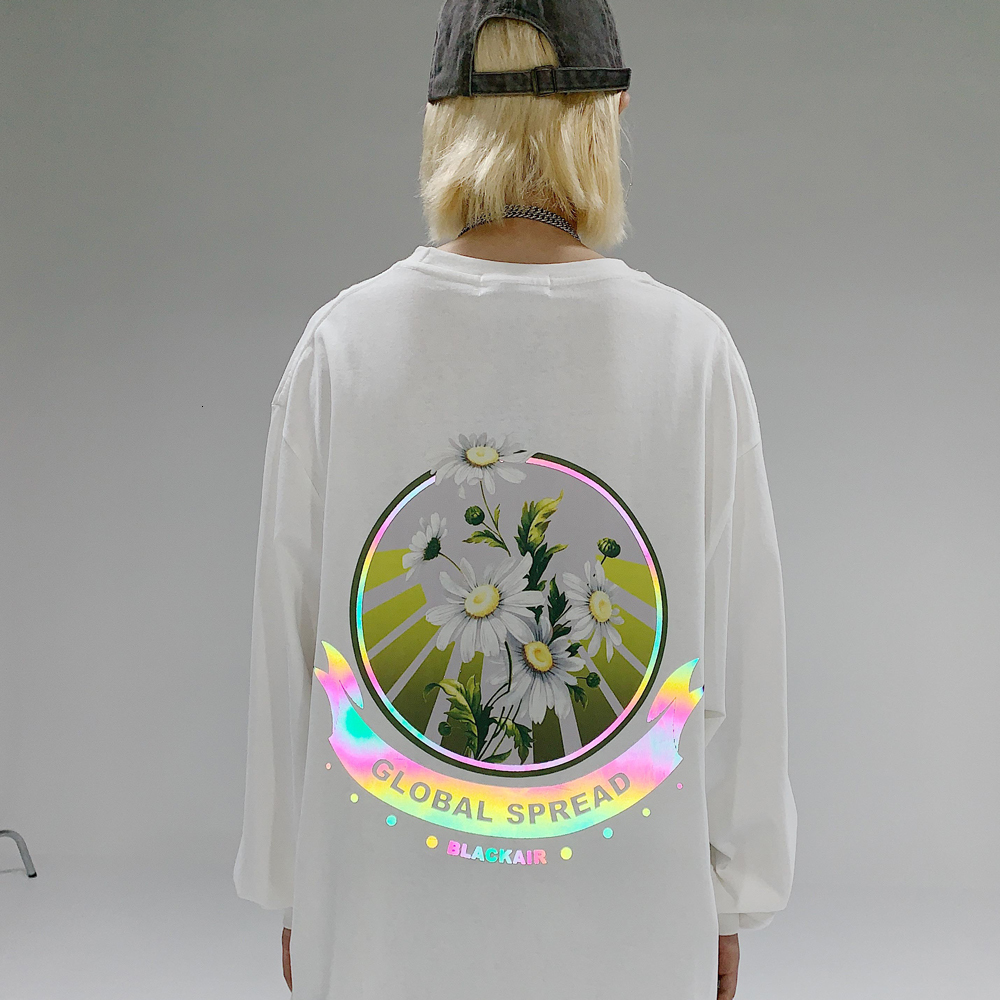 

2021 New Reflective Daisy Global Spread Print Shirt Men Harajuku Korean Tshirt Long Sleeve T-shirt Hip Hop Streetwear Tops 72k4, White