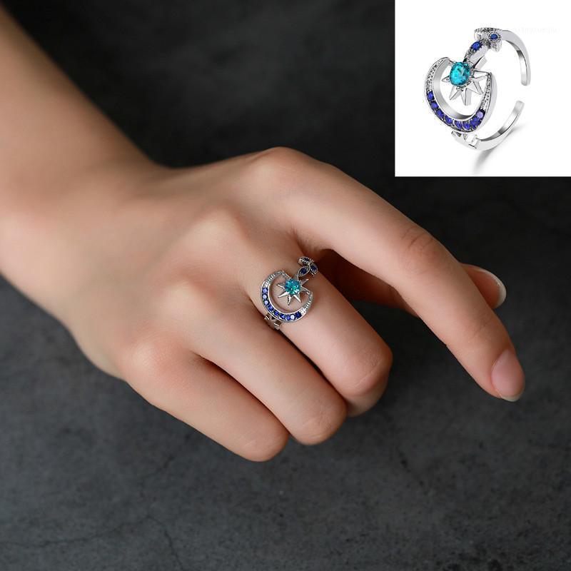 

Cluster Rings Fashion Xingyue Ring Female Micro Pave Blue Zircon Leaf Ins Open Creative Index Finger, Golden;silver