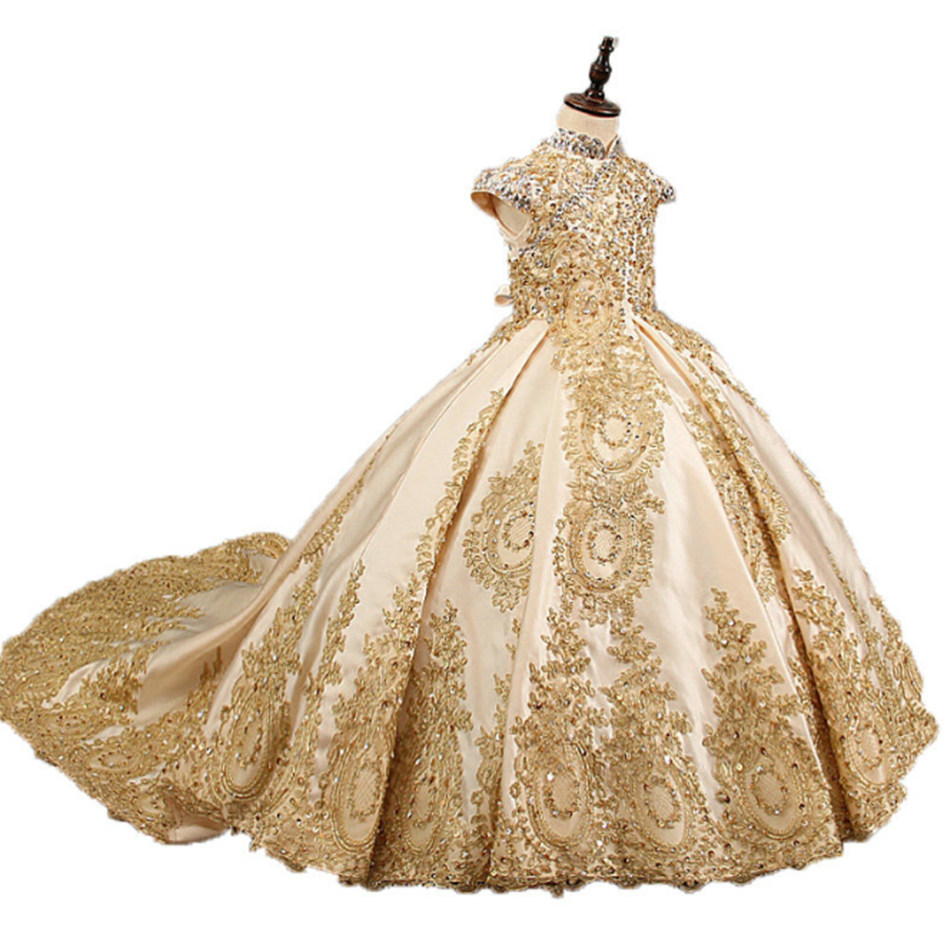 Flower Girl Dresses for Wedding Fashionable Pageant Gown Sleeveless Golden Beads Lace Appliques Holy Communion Dress for Girl 2021-image-711259639