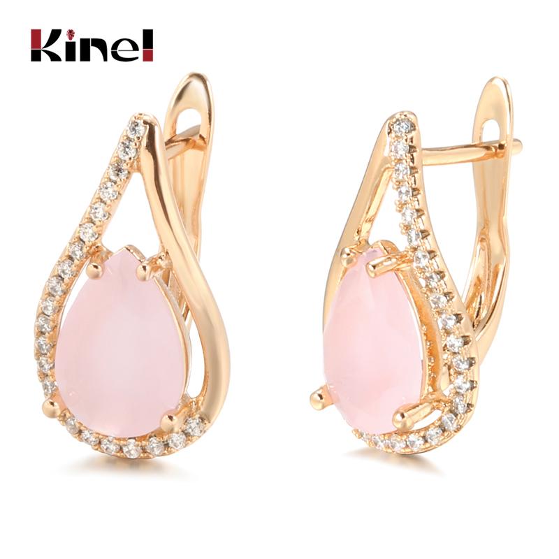 

Dangle & Chandelier Kinel Pink Natural Zircon Earrings For Women 585 Rose Gold Water Drop Bride High Quality Daily Fine Jewelry