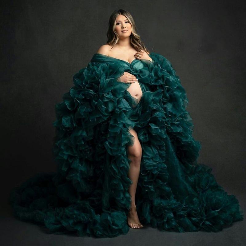 

Amazing Ruffles Maternity Dress Robes for Photo Shoot or baby shower Tulle Chic Women Prom Gowns Plus Size Long Sleeve Photography Robe Party Dresses, Light purple