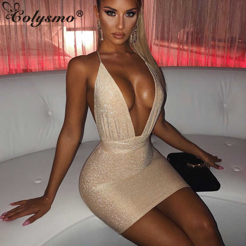 

Colysmo Shiny Party Dress Summer Women Spaghetti Straps V-neck Cross Tie Up Sexy Glitter Black Slim Fit Pencil 210527
