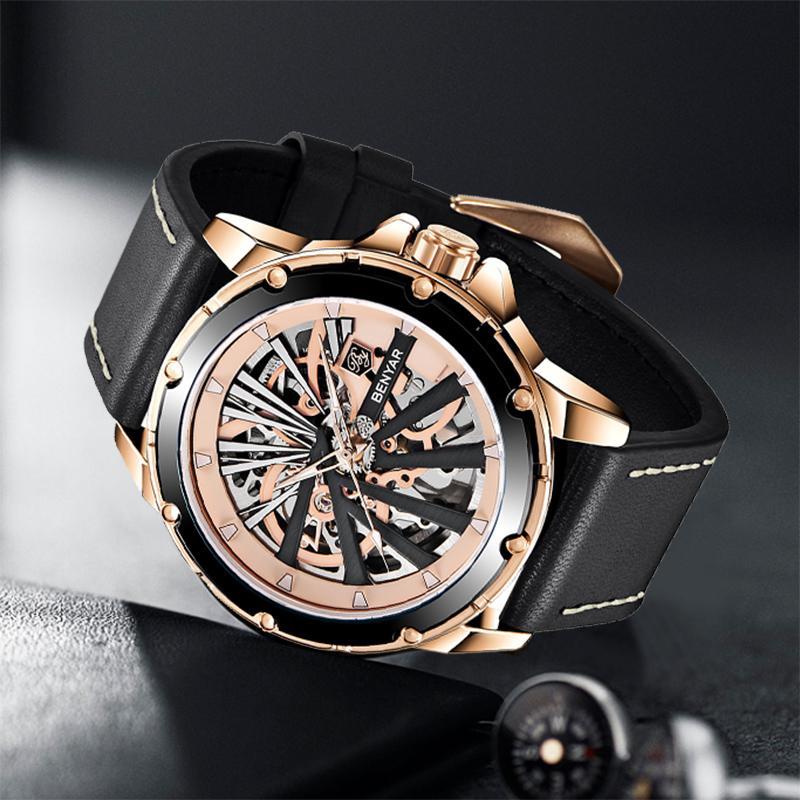 

Wristwatches BENYAR 2021 Business Military Sports Tourbillon Mechanical Automatic Winding Watch Men's Accessories Leather Strap Waterproo, Silver blue