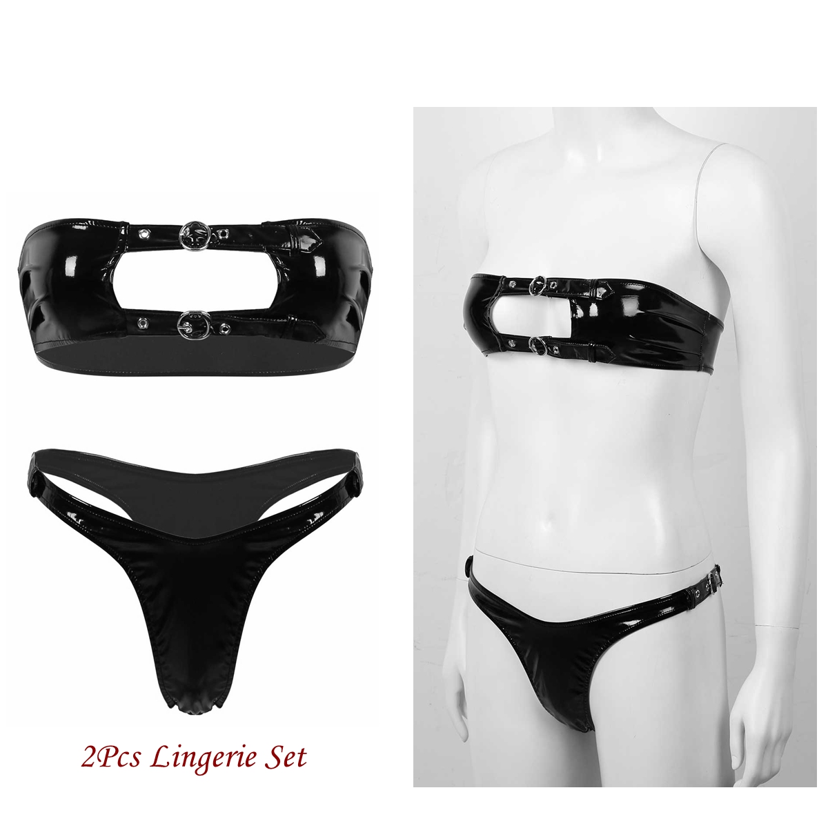 

Women Latex Bikini Lingerie Set Nightclub Sexy Pole Dance Rave Outfit Strapless Bandeau Tube Bra+High Cut Briefs Leather Bikinis