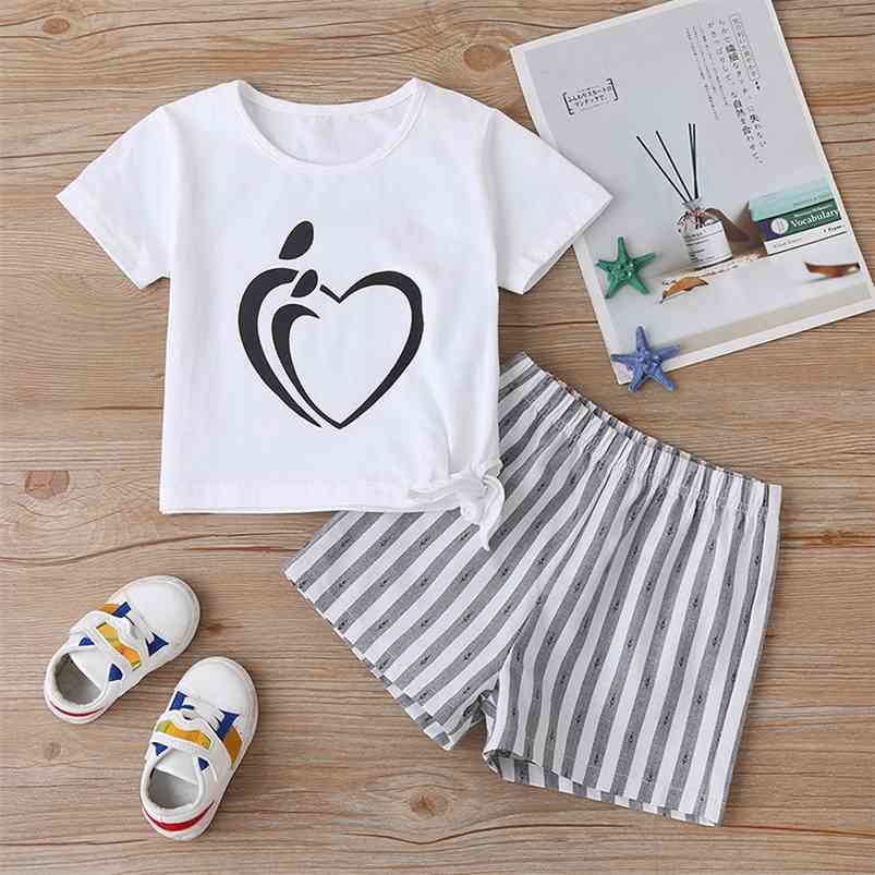 

Summer Children Sets Casual Short Sleeve O Neck Print Heart T-shirt Striped Shorts 2Pcs Girl Clothes 18M-6T 210629, White