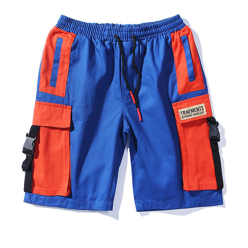

2021 New Men Fixed Side Patchwork Block Color Streetwear Hip Hop Summer Month Multi Casual Load Grants Shorts Wide Xoor, Blue orange.