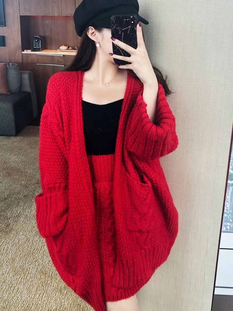 

Work Dresses Autumn Winter 2021 Sweater Sets Twist Thick Medium-long Cardigan + Stretch Waist Mini Skirt Red Knitted Plus Size Suits, Black
