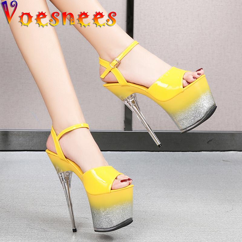 

Voesnees Women Sandals Summer 2021 Female Shoes New Bling Thin Heels Patent Leather Platform Stripper High Heels Wedding Shoes, As picture shown