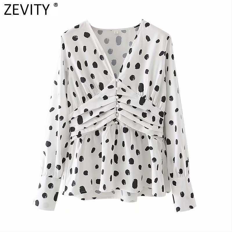 

Zevity Women Fashion V Neck Dots Print Smock Blouse Retro Modern Lady Wear Waist Press Pleats Shirt Chic Blusas Tops LS7514 210603, As pic ls7514gl