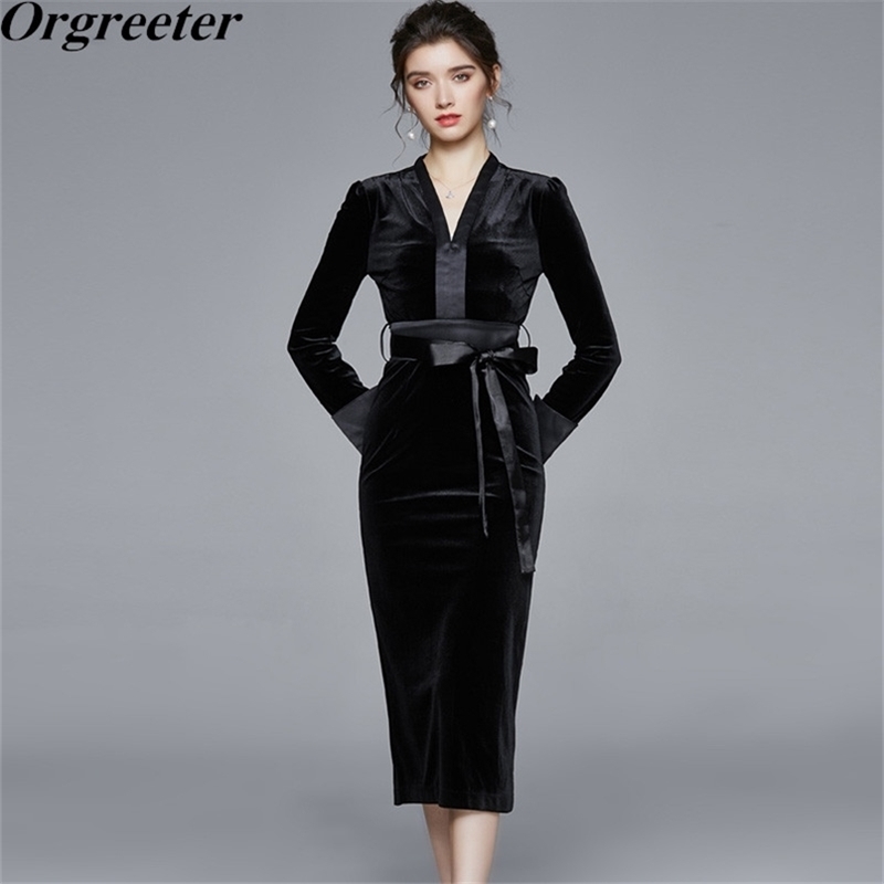 

Autumn and winter Black Velvet Dress Elegant Office lady V-neck Bow tie Slim Bodycon Pencil Long Work wear 210602