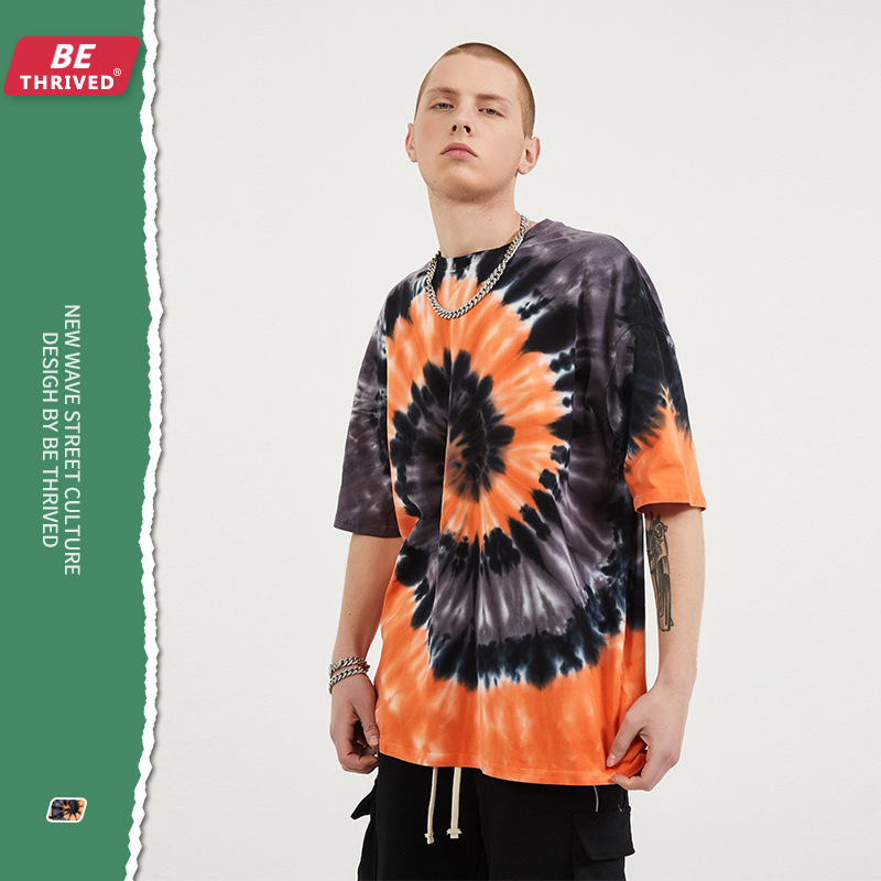 

be men's clothing - 2021 summer new vortex color contrast tie dye short sve lazy fenggao street fashion brand t-shirt, White;black