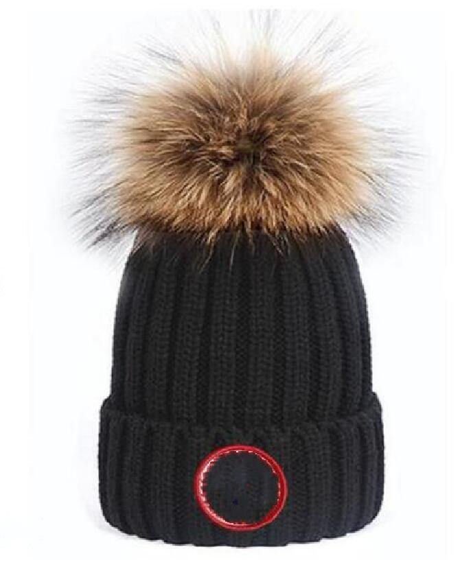 

High quality Winter caps Hats Women and men Beanies with Real Raccoon Fur Pompoms Warm Girl Cap snapback pompon beanie, Red